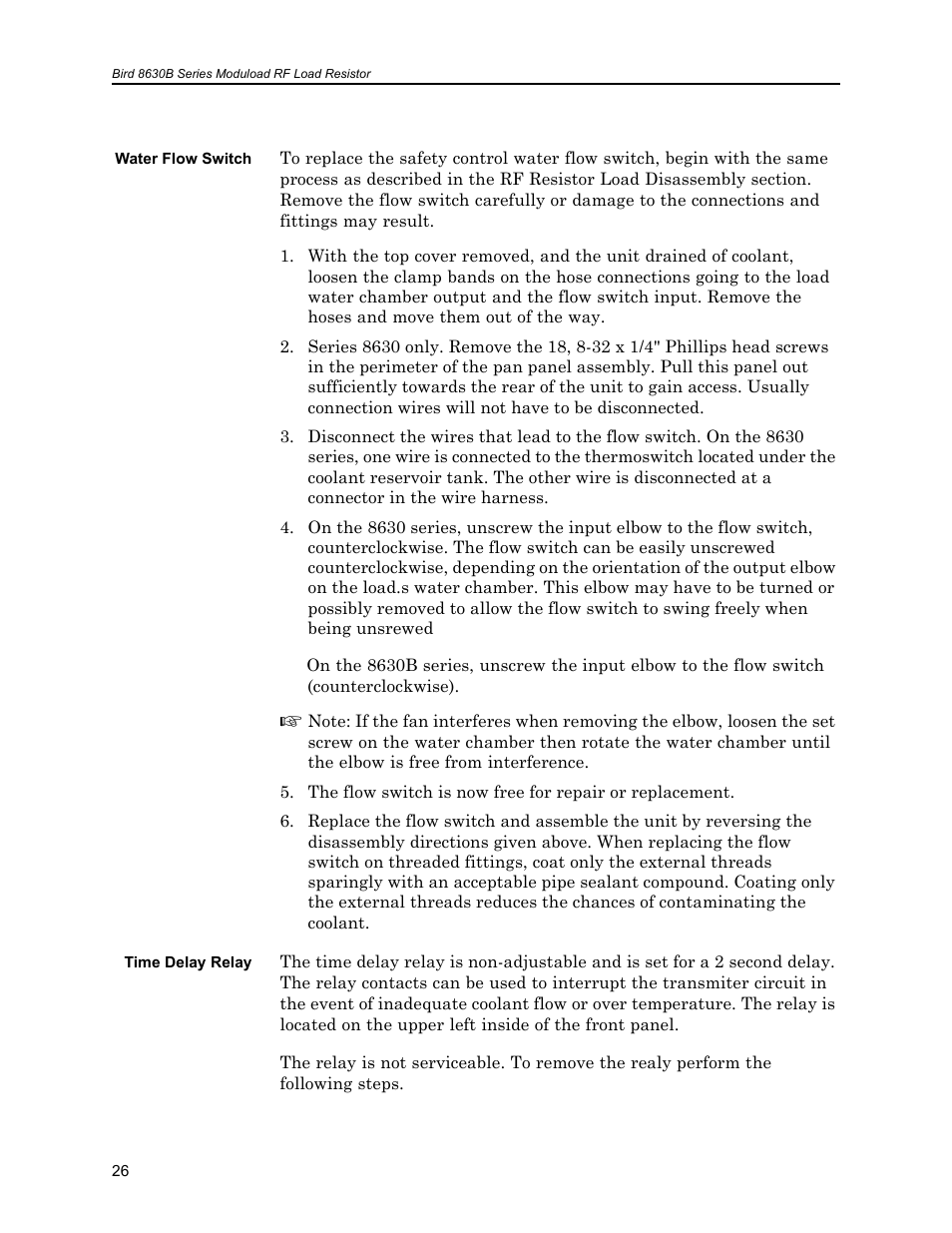 Water flow switch, Time delay relay, Water flow switch time delay relay | Bird Technologies 8630B Series User Manual | Page 42 / 62