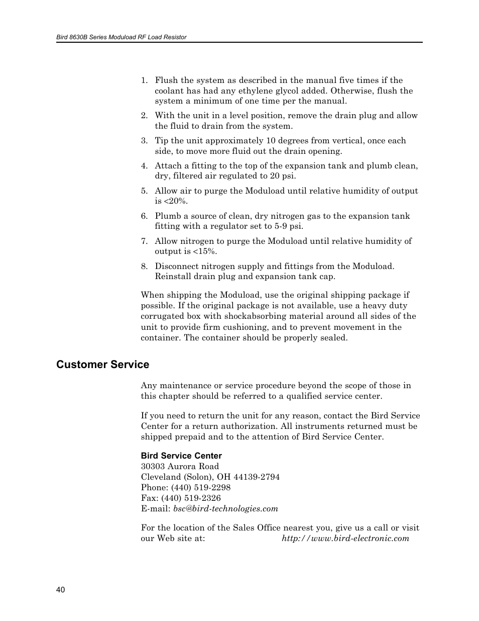 Customer service | Bird Technologies 8630B Series User Manual | Page 56 / 62