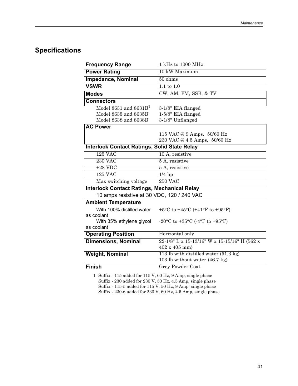 Specifications | Bird Technologies 8630B Series User Manual | Page 57 / 62