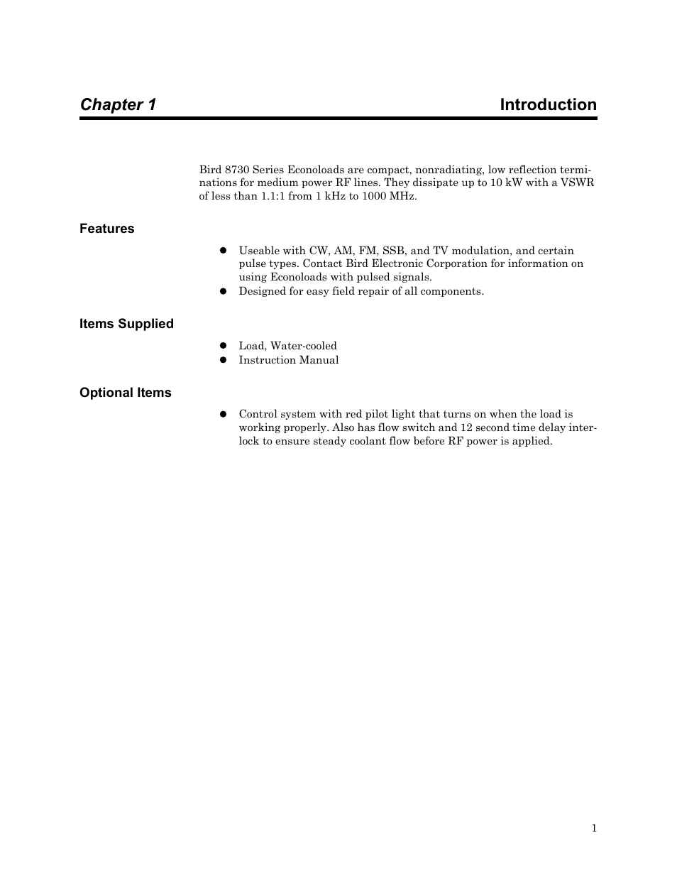 Chapter 1 introduction, Features, Items supplied | Optional items, Features items supplied optional items | Bird Technologies 8730 Series User Manual | Page 13 / 34
