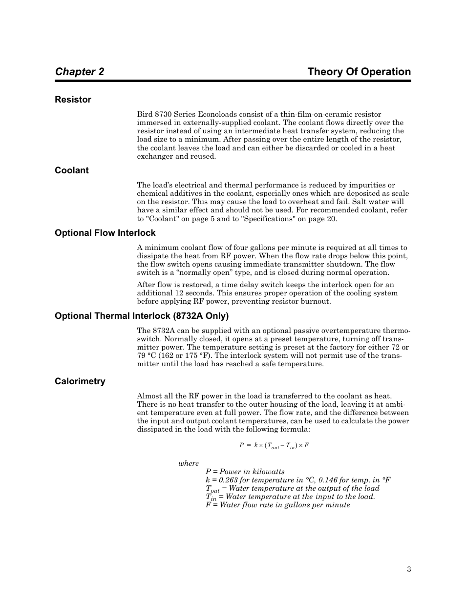 Chapter 2 theory of operation, Resistor, Coolant | Optional flow interlock, Optional thermal interlock (8732a only), Calorimetry | Bird Technologies 8730 Series User Manual | Page 15 / 34