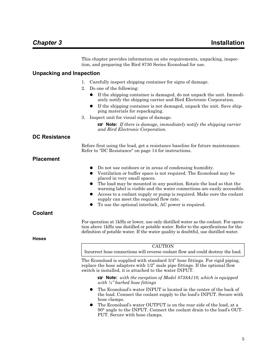 Chapter 3 installation, Unpacking and inspection, Dc resistance | Placement, Coolant, Hoses | Bird Technologies 8730 Series User Manual | Page 17 / 34