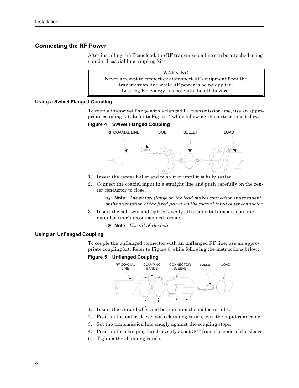 Connecting the rf power, Using a swivel flanged coupling, Figure 4 swivel flanged coupling | Using an unflanged coupling, Figure 5 unflanged coupling | Bird Technologies 8730 Series User Manual | Page 20 / 34