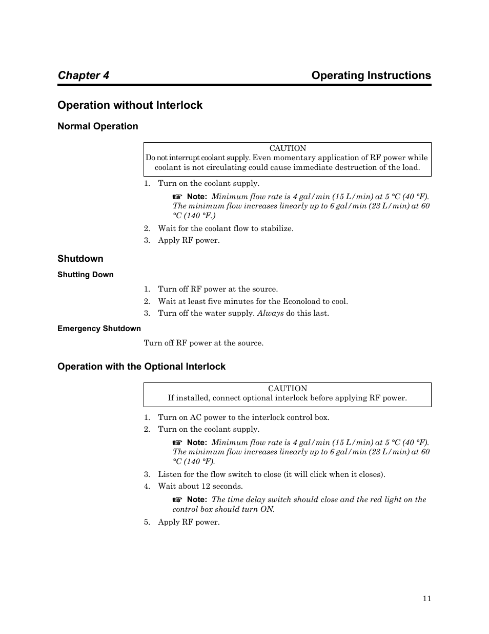 Chapter 4 operating instructions, Operation without interlock, Normal operation | Shutdown, Shutting down, Emergency shutdown, Operation with the optional interlock, Normal operation shutdown, Shutting down emergency shutdown | Bird Technologies 8730 Series User Manual | Page 23 / 34