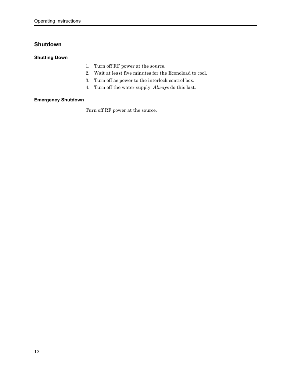 Shutdown, Shutting down, Emergency shutdown | Shutting down emergency shutdown | Bird Technologies 8730 Series User Manual | Page 24 / 34