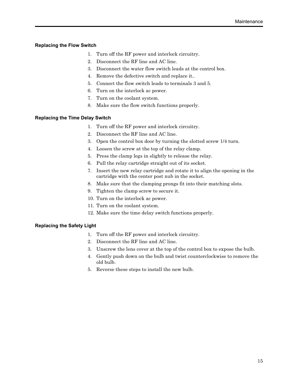 Replacing the flow switch, Replacing the time delay switch, Replacing the safety light | Bird Technologies 8730 Series User Manual | Page 27 / 34