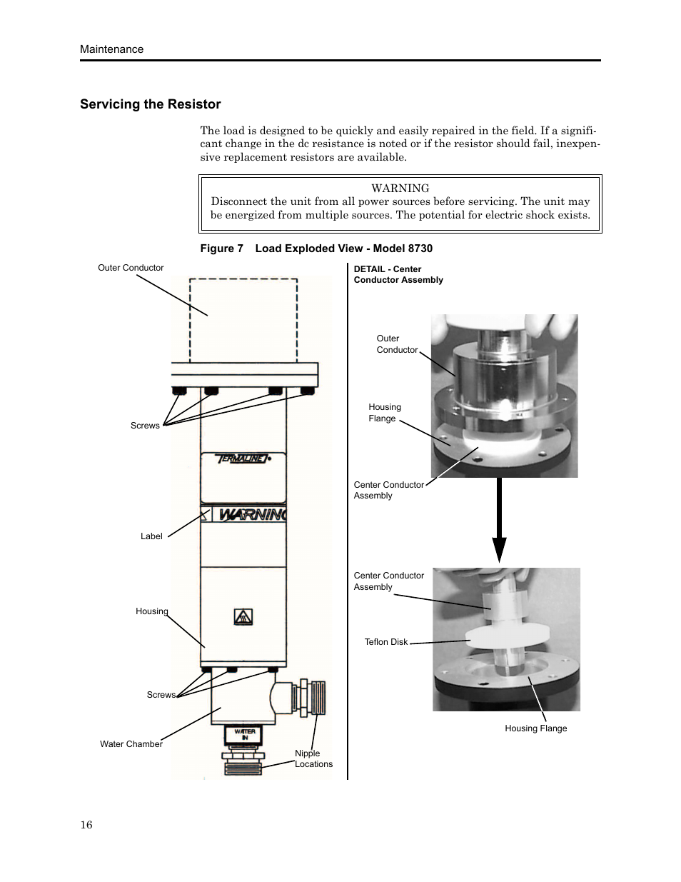 Servicing the resistor, Figure 7 load exploded view - model 8730, D 16 | Bird Technologies 8730 Series User Manual | Page 28 / 34