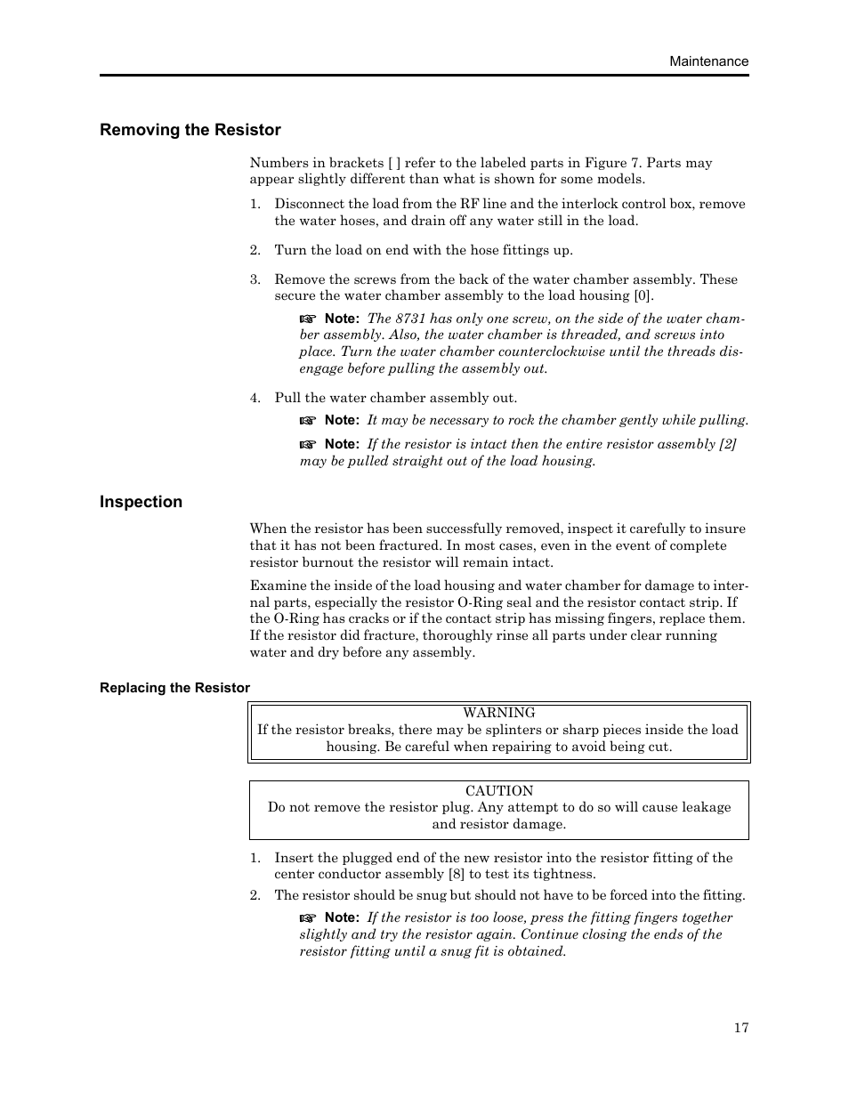 Removing the resistor, Inspection, Replacing the resistor | Removing the resistor inspection | Bird Technologies 8730 Series User Manual | Page 29 / 34