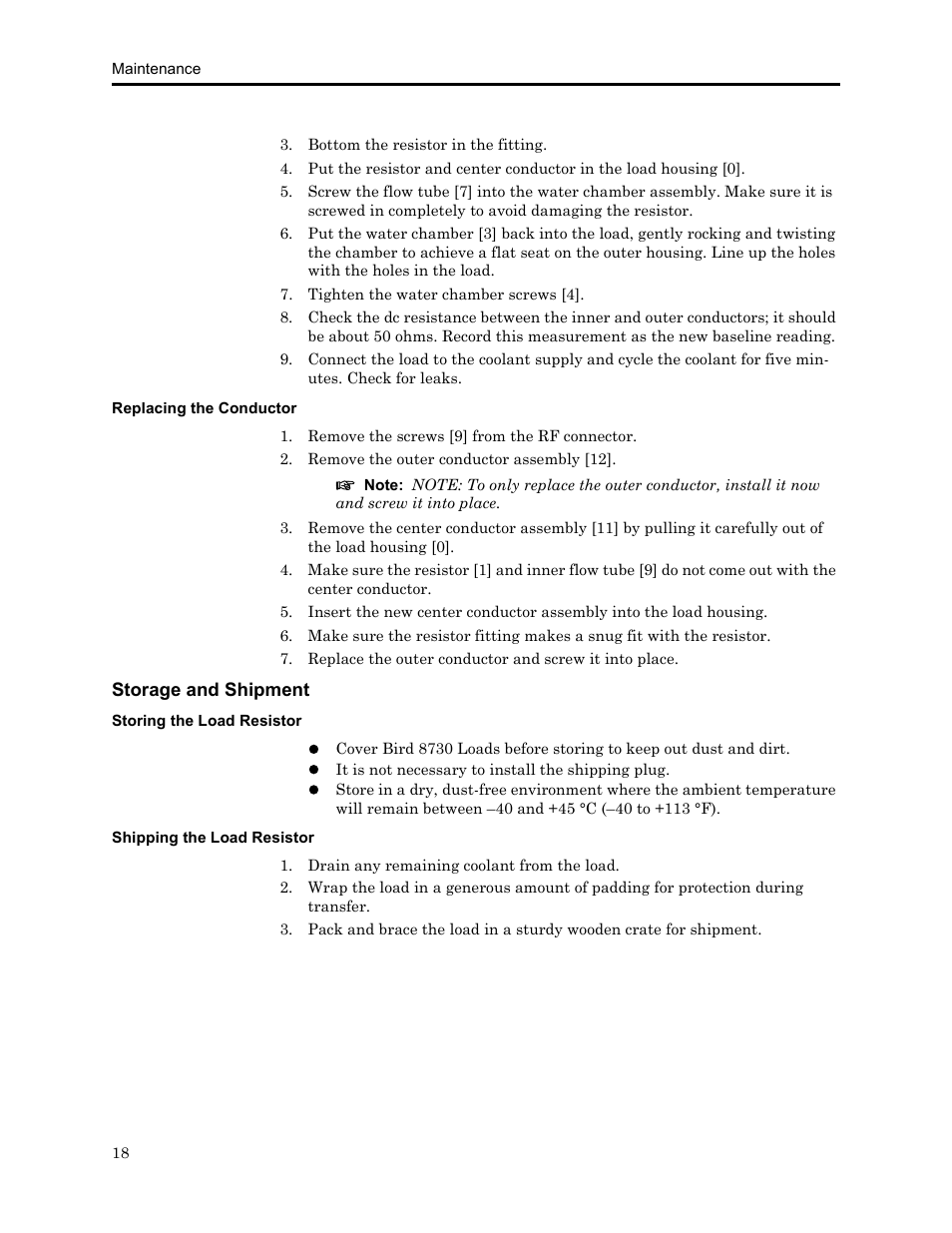 Replacing the conductor, Storage and shipment, Storing the load resistor | Shipping the load resistor | Bird Technologies 8730 Series User Manual | Page 30 / 34