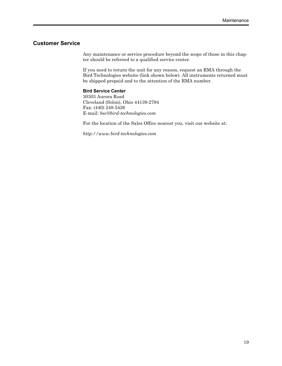 Customer service | Bird Technologies 8730 Series User Manual | Page 31 / 34