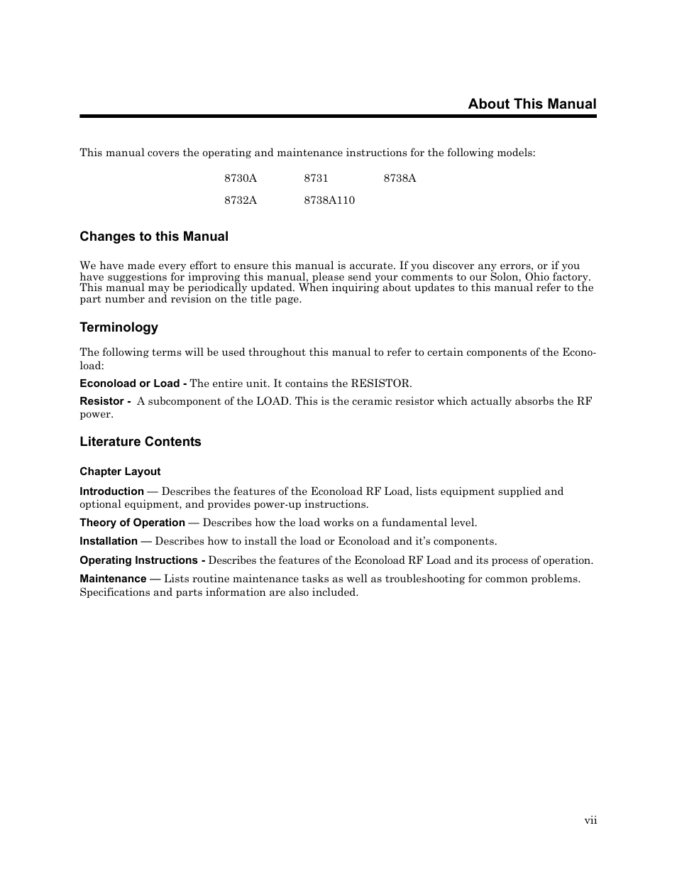 About this manual, Changes to this manual, Chapter layout | Bird Technologies 8730 Series User Manual | Page 9 / 34