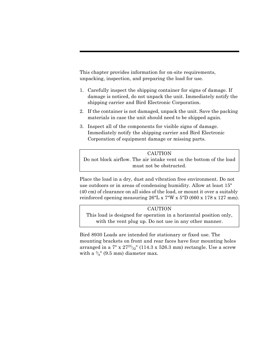 Chapter 3 installation, Unpacking and inspection, Mounting | Chapter 3, Installation | Bird Technologies 8930 Series User Manual | Page 15 / 37