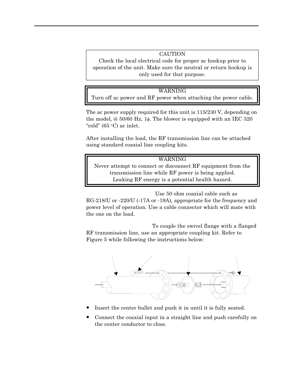 Ac power connection, Connecting rf power, Figure 5 swivel flanged coupling | Bird Technologies 8930 Series User Manual | Page 18 / 37