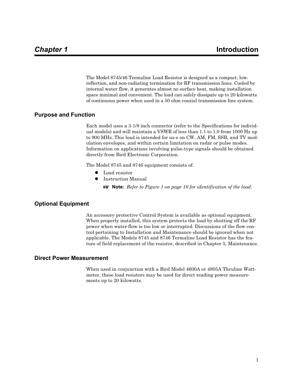 Chapter 1 introduction, Purpose and function, Optional equipment | Direct power measurement | Bird Technologies 8740 Series User Manual | Page 11 / 32