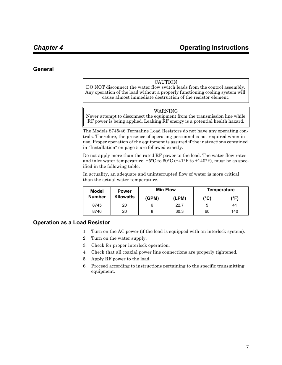 Chapter 4 operating instructions, General, Operation as a load resistor | General operation as a load resistor | Bird Technologies 8740 Series User Manual | Page 17 / 32