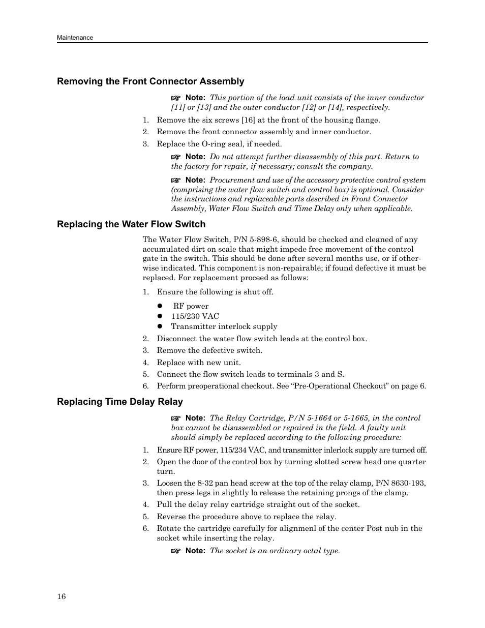 Removing the front connector assembly, Replacing the water flow switch, Replacing time delay relay | Bird Technologies 8740 Series User Manual | Page 26 / 32