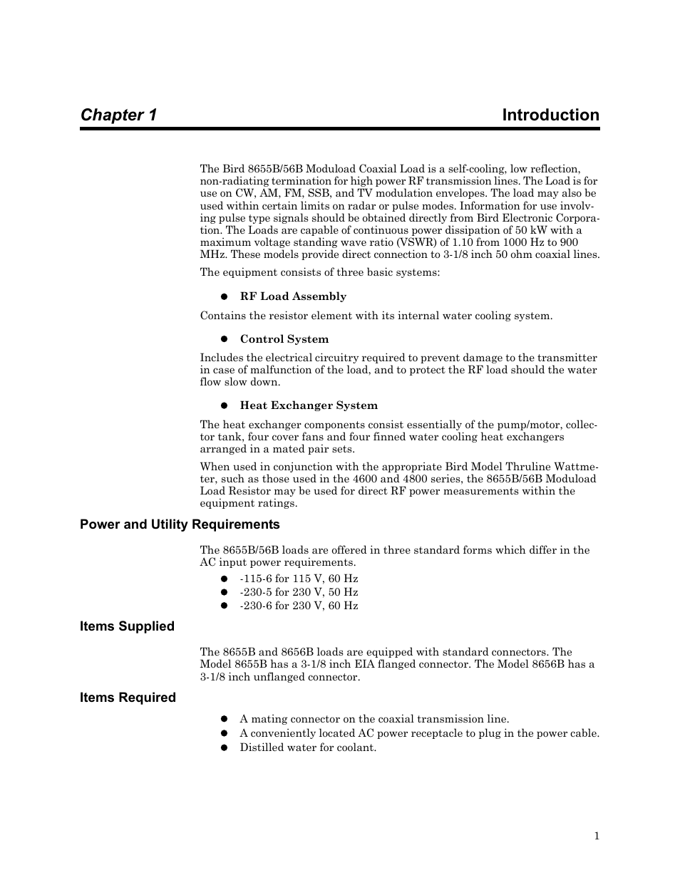 Chapter 1 introduction, Power and utility requirements, Items supplied | Items required | Bird Technologies 8650B Series User Manual | Page 13 / 45