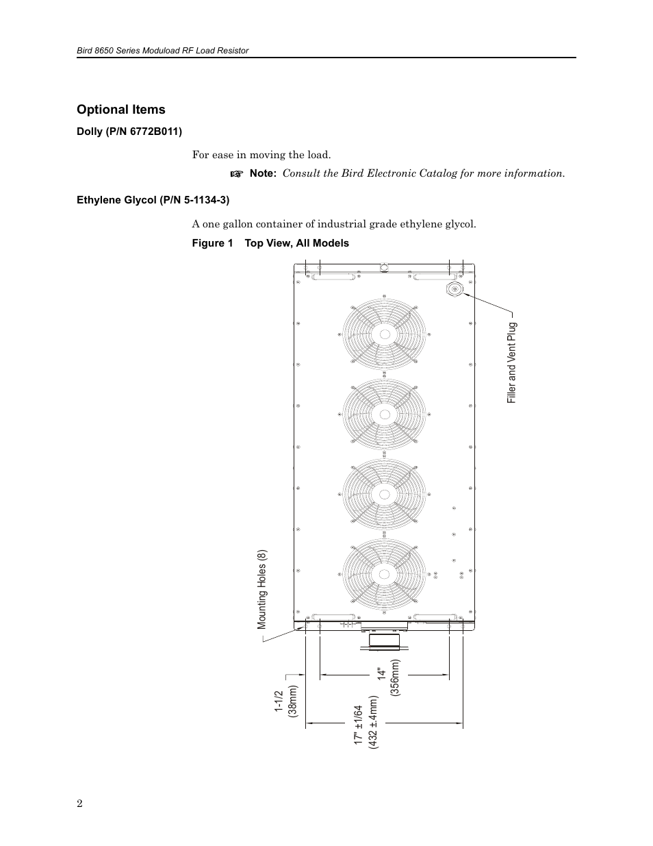Optional items, Dolly (p/n 6772b011), Ethylene glycol (p/n 5-1134-3) | Figure 1 top view, all models | Bird Technologies 8650B Series User Manual | Page 14 / 45