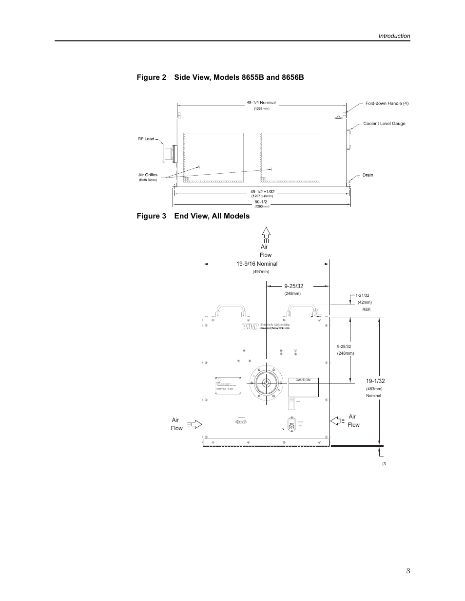 Figure 2 side view, models 8655b and 8656b, Figure 3 end view, all models, Introduction | Bird Technologies 8650B Series User Manual | Page 15 / 45