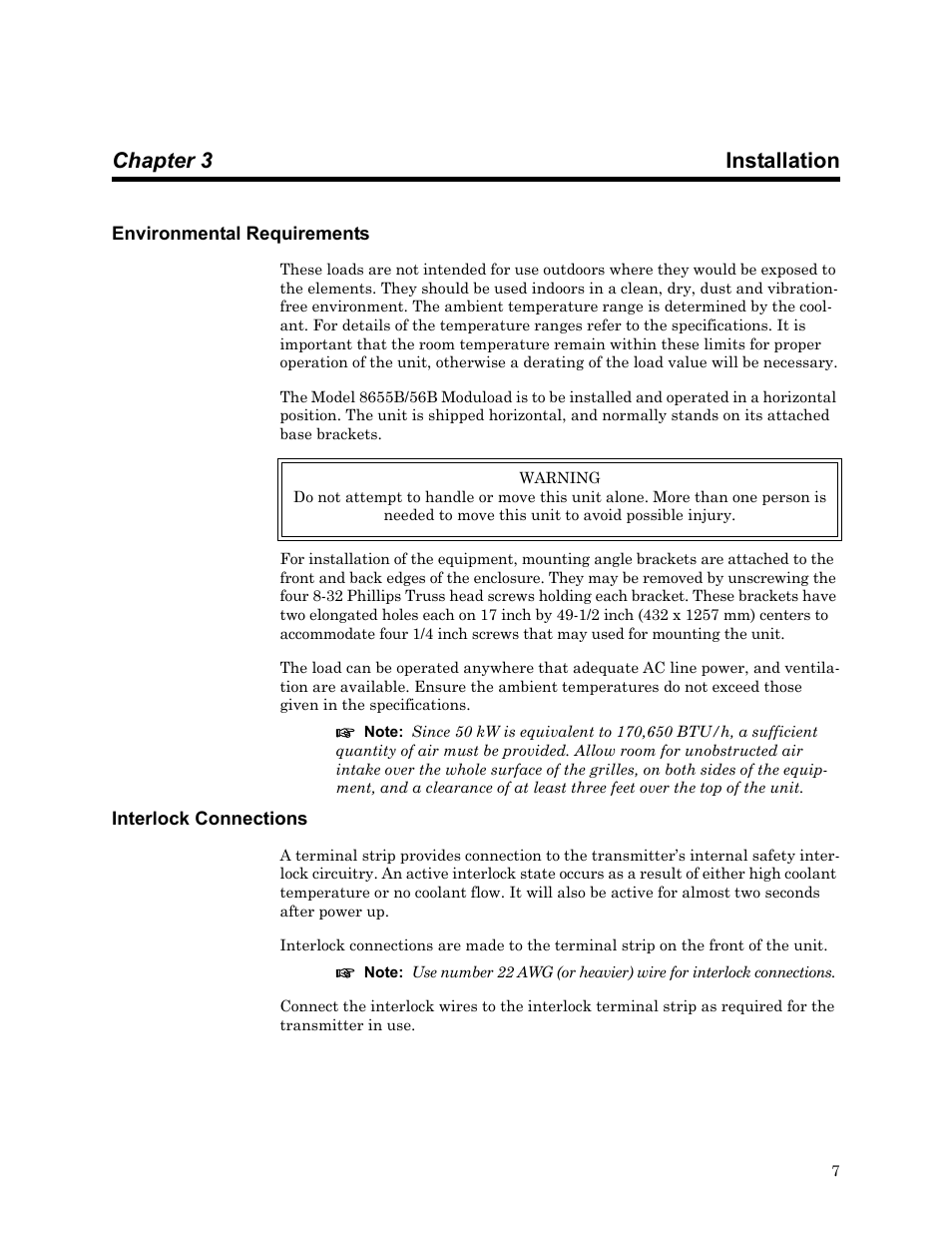 Chapter 3 installation, Environmental requirements, Interlock connections | Environmental requirements interlock connections | Bird Technologies 8650B Series User Manual | Page 19 / 45