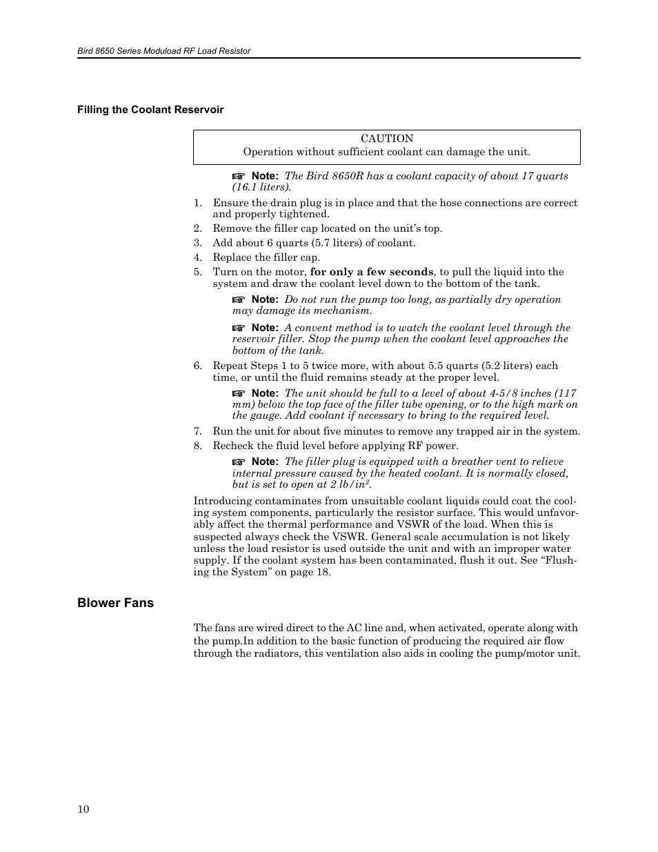 Filling the coolant reservoir, Blower fans | Bird Technologies 8650B Series User Manual | Page 22 / 45