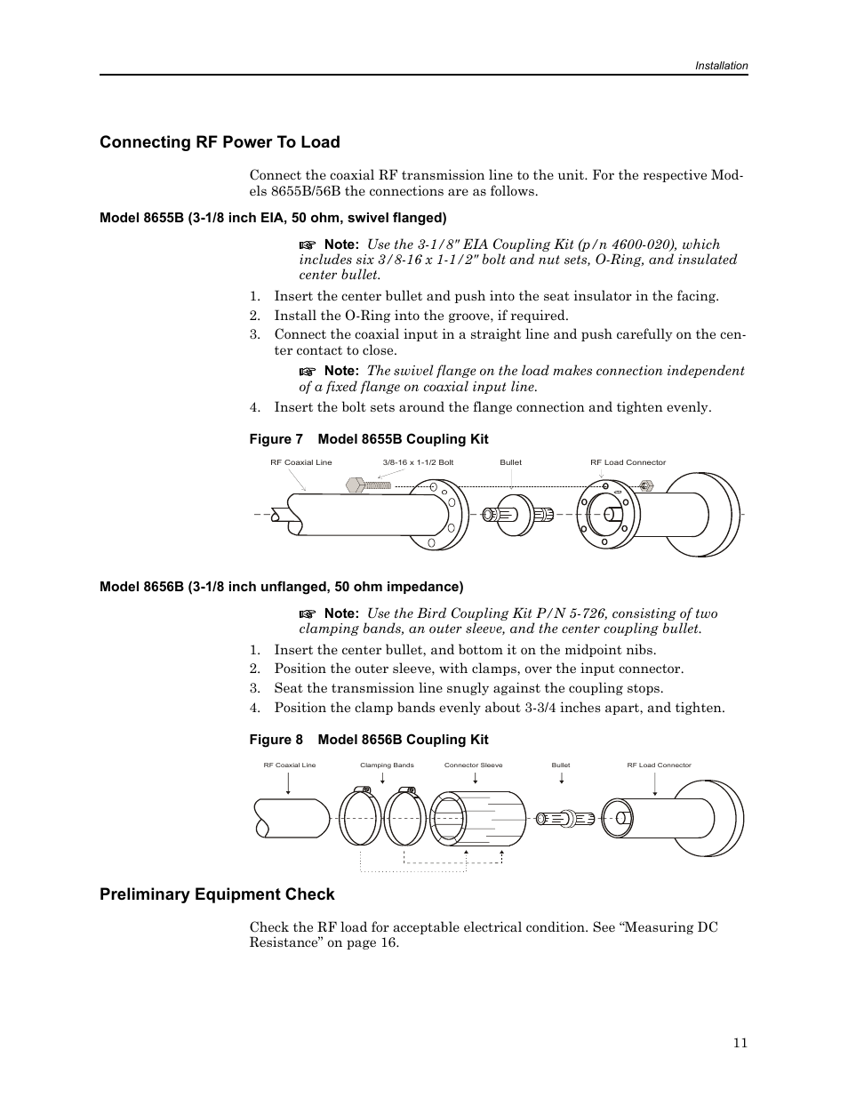 Connecting rf power to load, Figure 7 model 8655b coupling kit, Figure 8 model 8656b coupling kit | Preliminary equipment check | Bird Technologies 8650B Series User Manual | Page 23 / 45