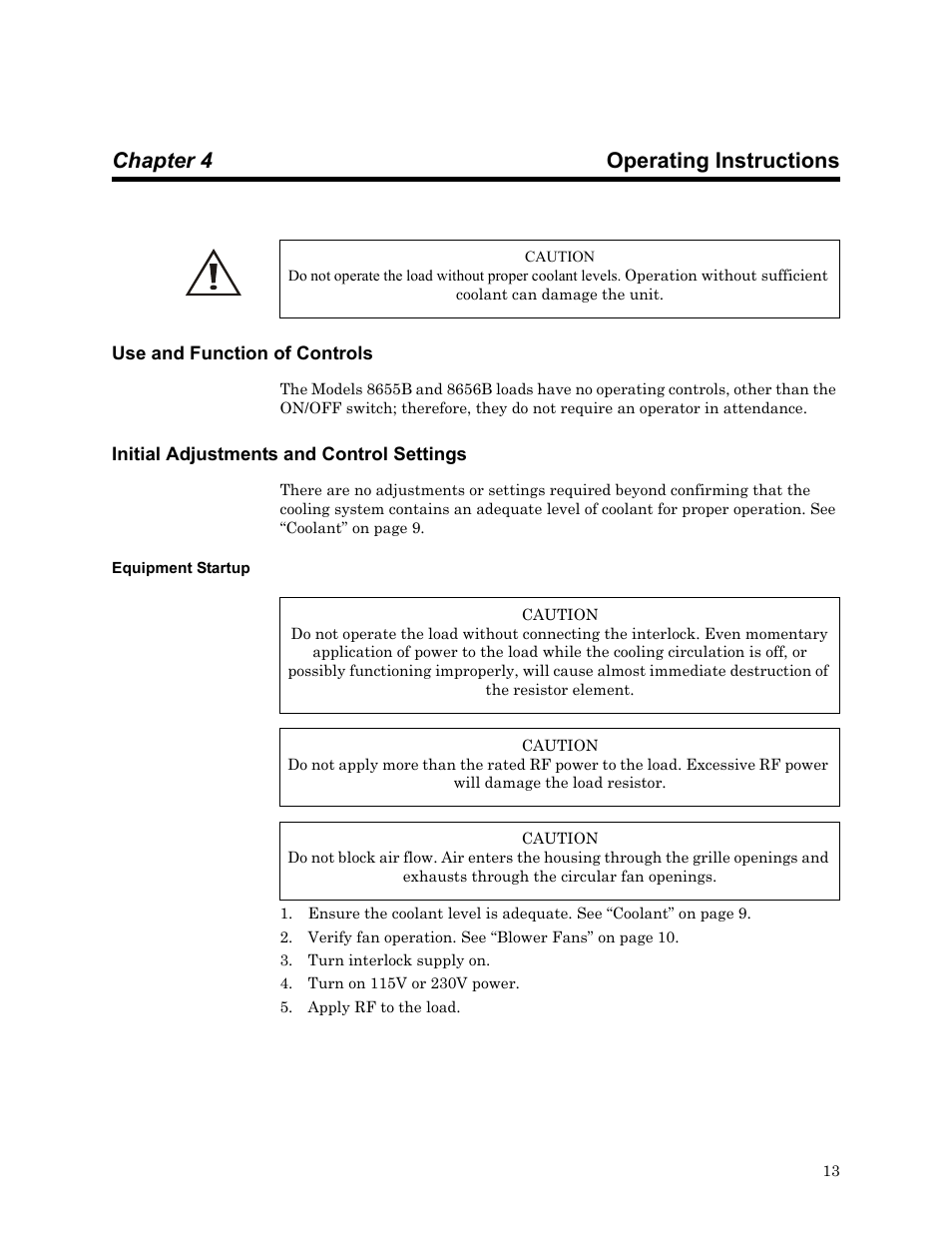 Chapter 4 operating instructions, Use and function of controls, Initial adjustments and control settings | Equipment startup | Bird Technologies 8650B Series User Manual | Page 25 / 45