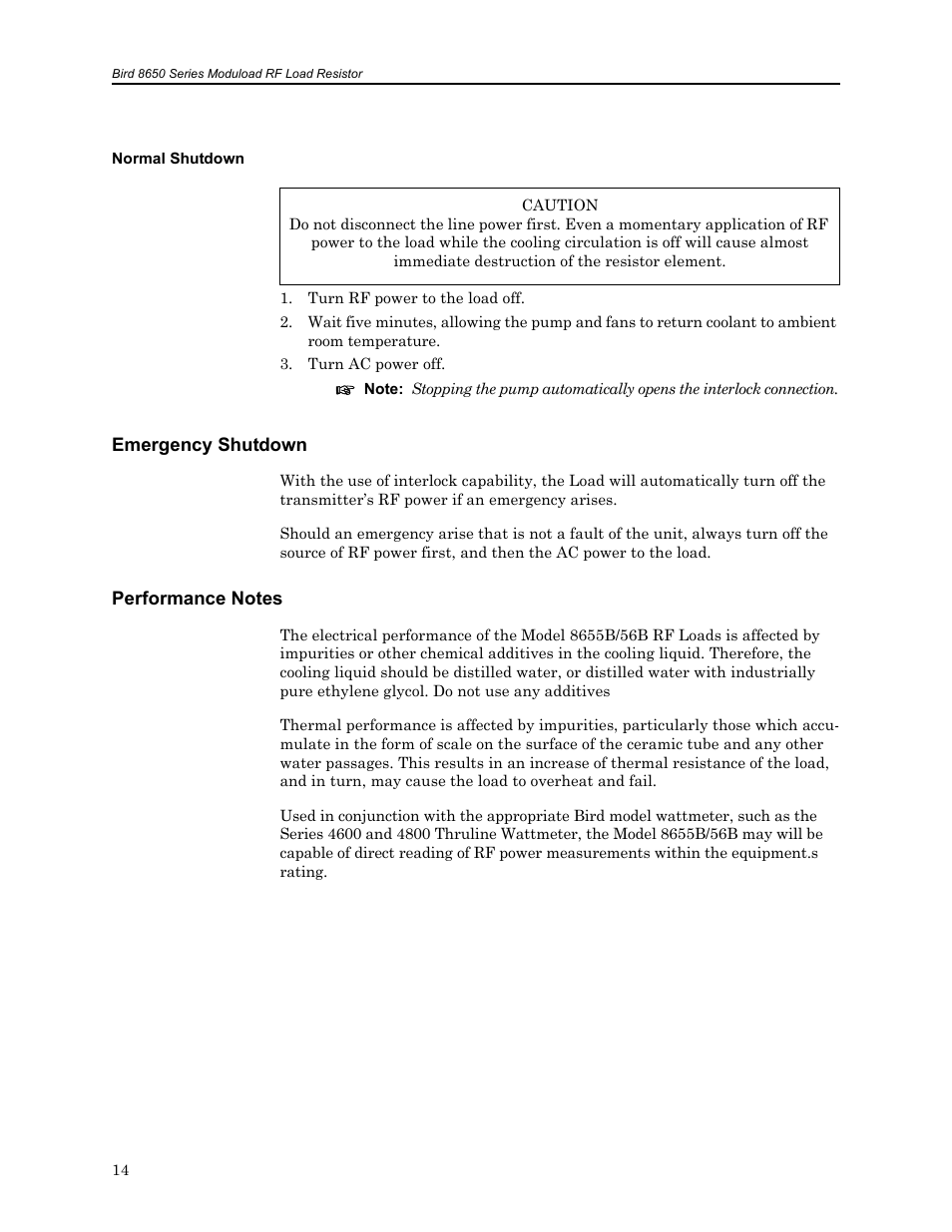 Normal shutdown, Emergency shutdown, Performance notes | Emergency shutdown performance notes | Bird Technologies 8650B Series User Manual | Page 26 / 45