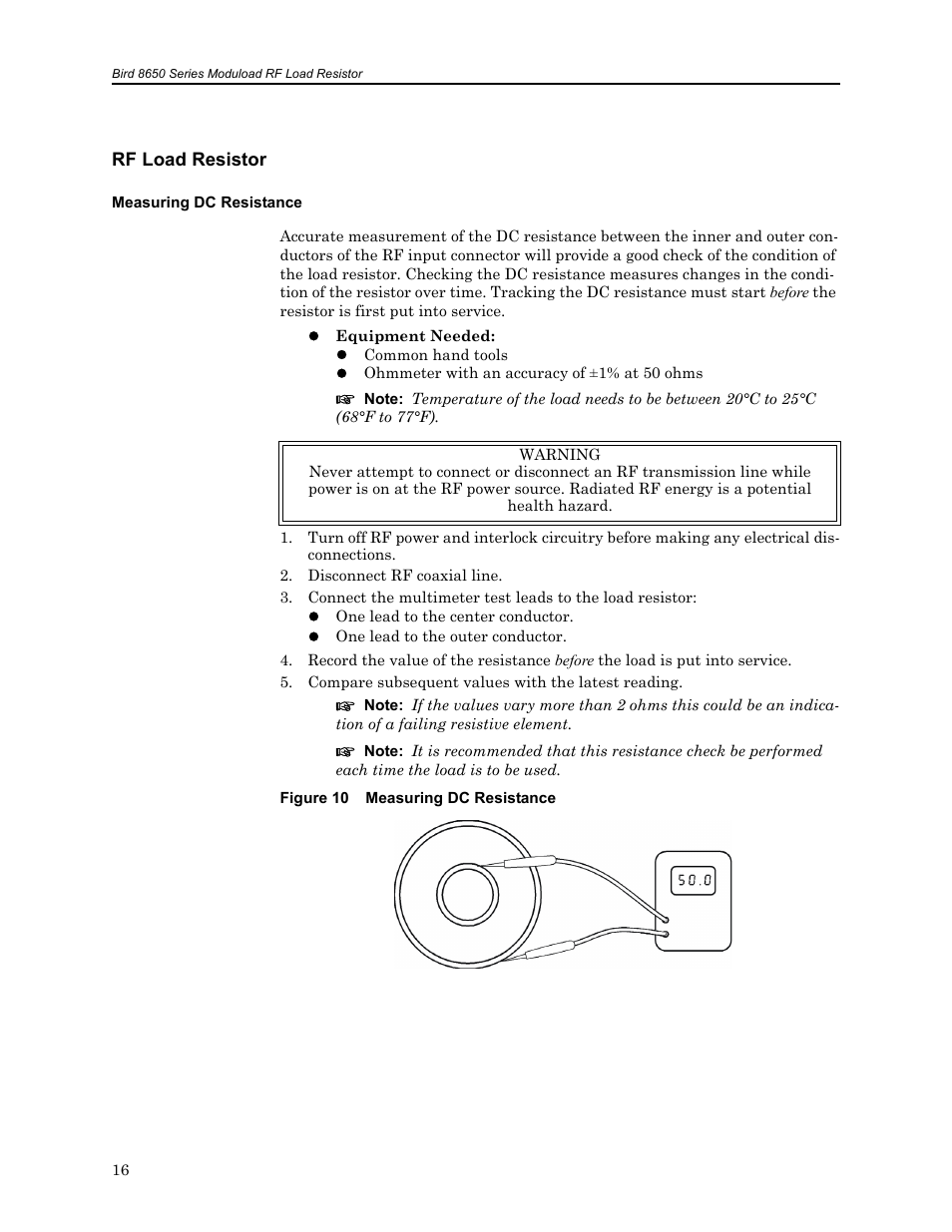 Rf load resistor, Measuring dc resistance, Figure 10 measuring dc resistance | S 16, 19 | Bird Technologies 8650B Series User Manual | Page 28 / 45