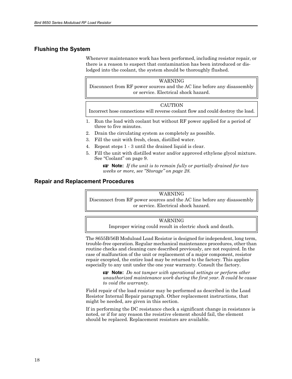 Flushing the system, Repair and replacement procedures | Bird Technologies 8650B Series User Manual | Page 30 / 45