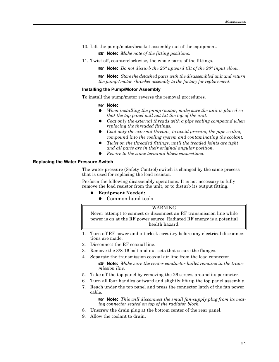 Replacing the water pressure switch, D 21, Installing the pump/motor assembly | Bird Technologies 8650B Series User Manual | Page 33 / 45