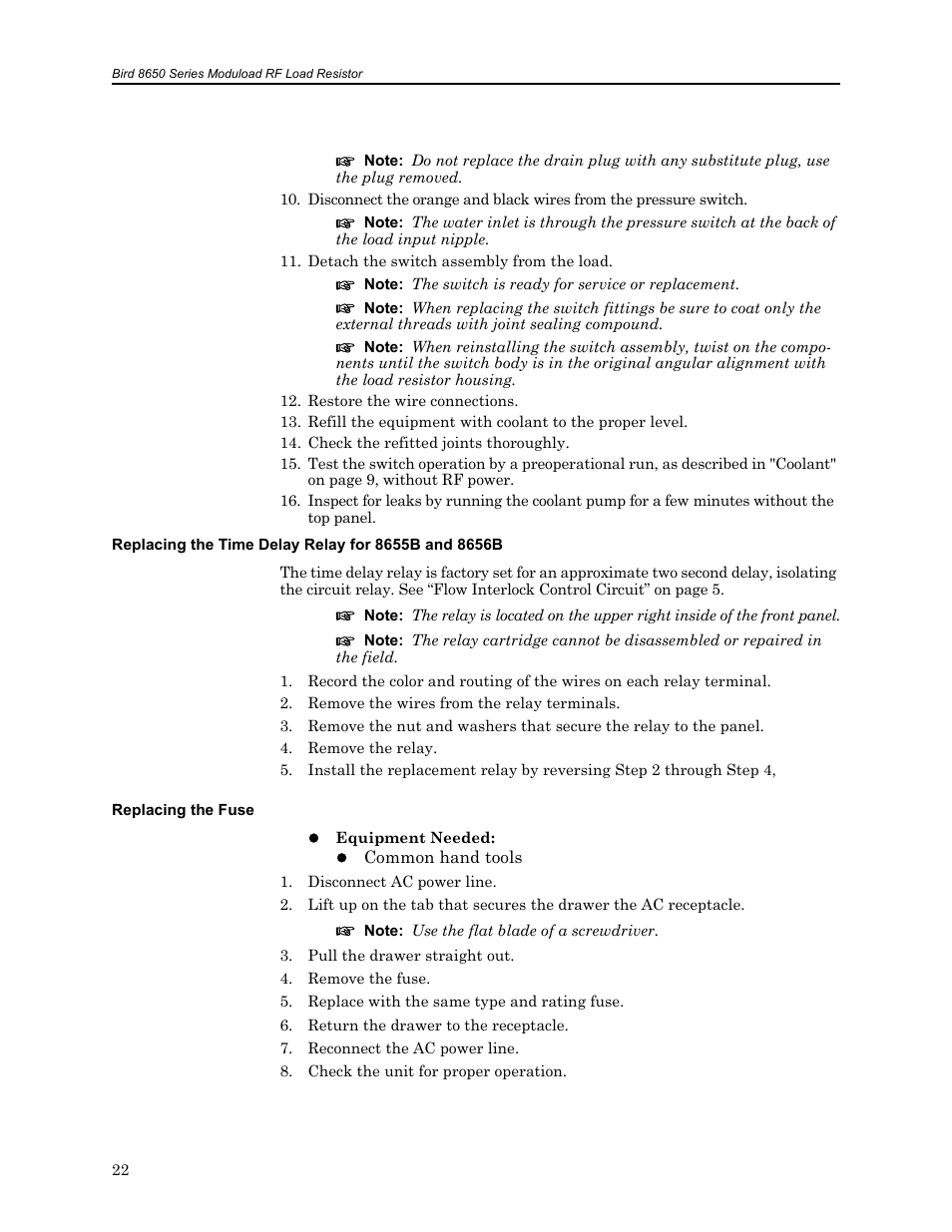 Replacing the time delay relay for 8655b and 8656b, Replacing the fuse | Bird Technologies 8650B Series User Manual | Page 34 / 45