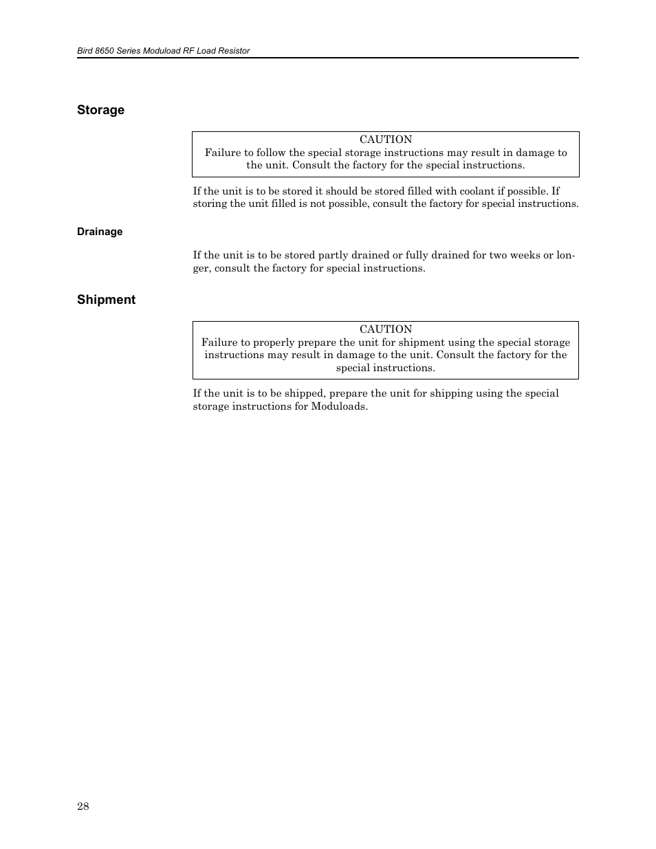 Storage, Drainage, Shipment | Bird Technologies 8650B Series User Manual | Page 40 / 45