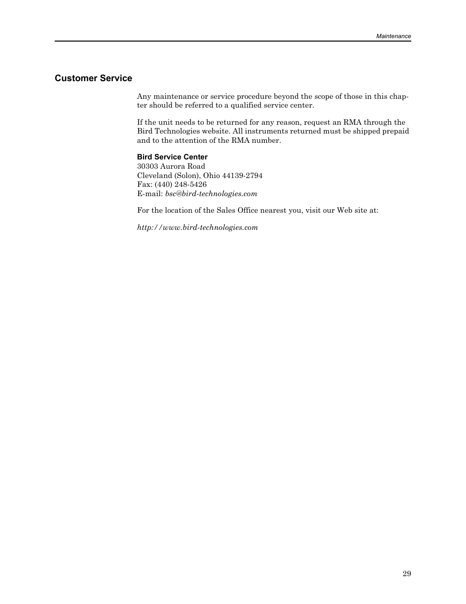Customer service | Bird Technologies 8650B Series User Manual | Page 41 / 45