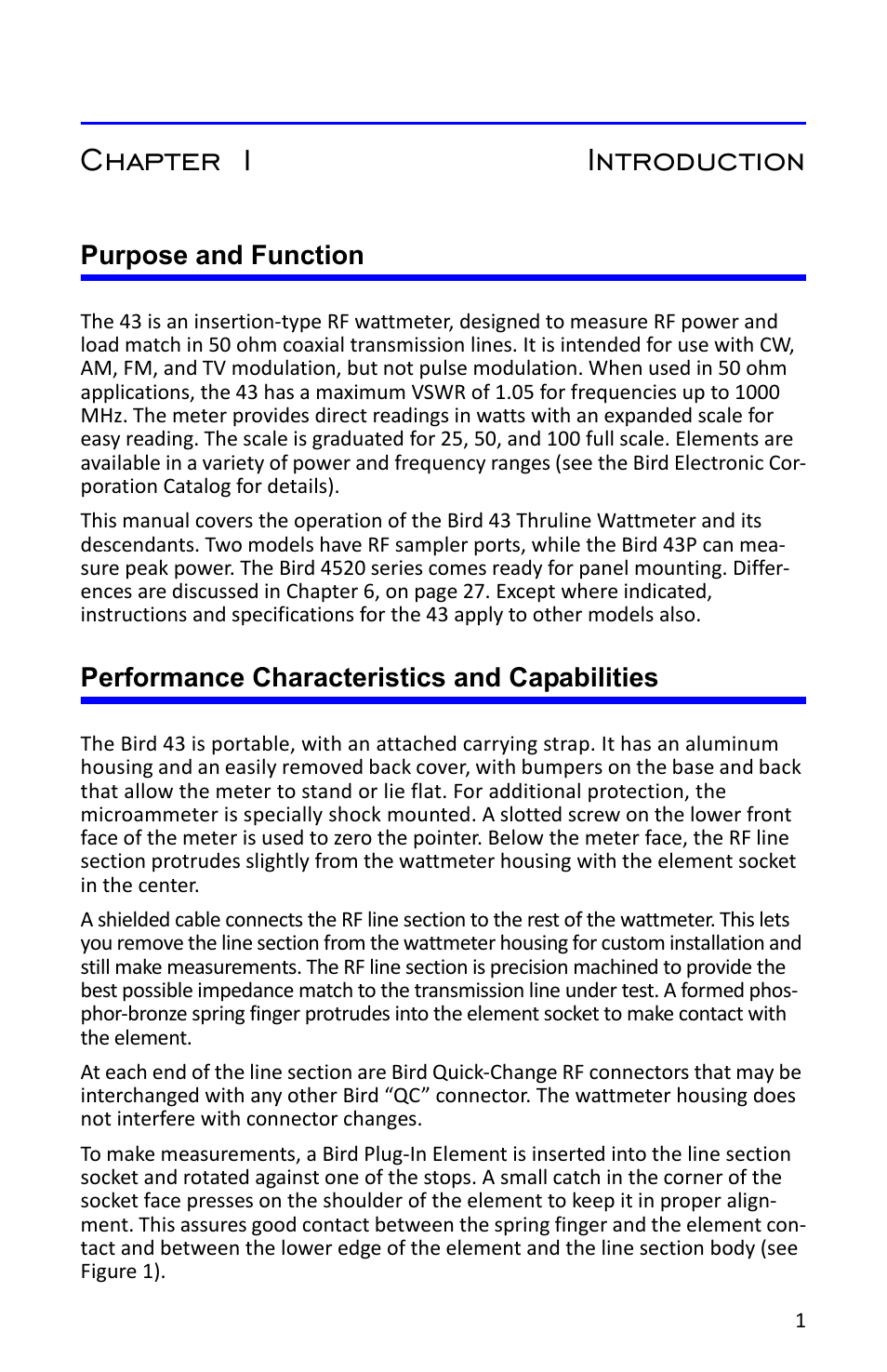 Chapter 1 introduction, Purpose and function, Performance characteristics and capabilities | Bird Technologies 4527 User Manual | Page 13 / 51