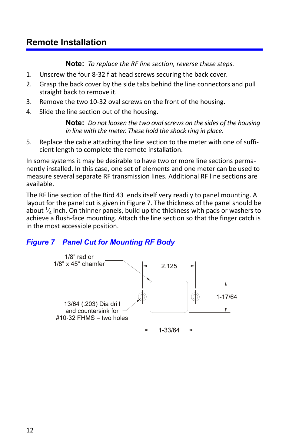 Remote installation, Figure 7 panel cut for mounting rf body | Bird Technologies 4527 User Manual | Page 24 / 51