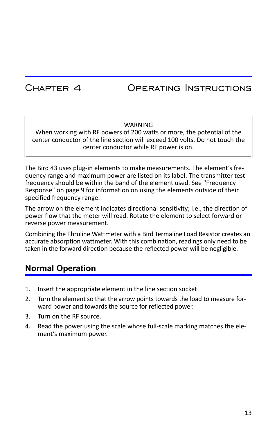 Chapter 4 operating instructions, Normal operation | Bird Technologies 4527 User Manual | Page 25 / 51