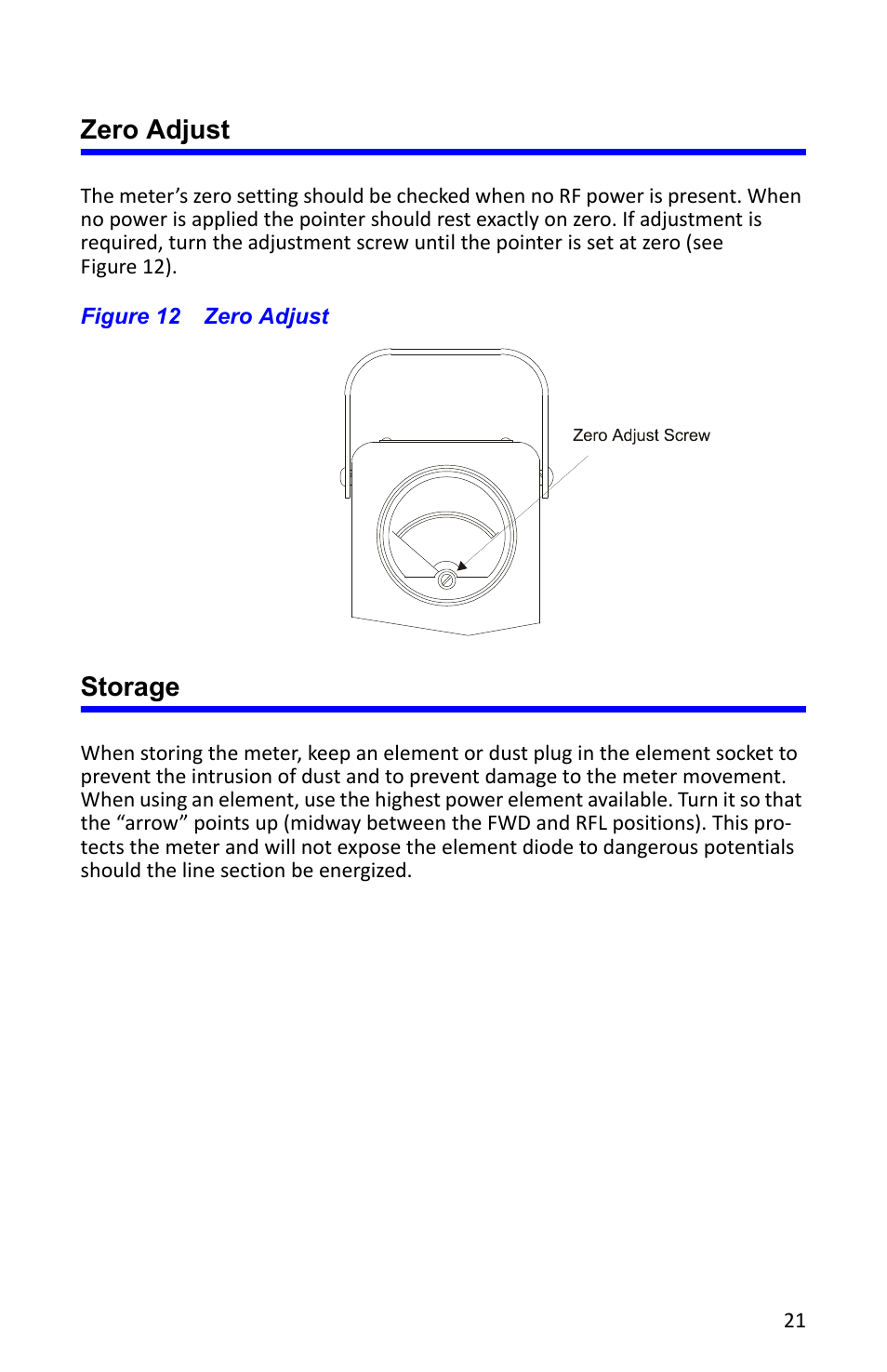 Zero adjust, Figure 12 zero adjust, Storage | Zero adjust storage | Bird Technologies 4527 User Manual | Page 33 / 51