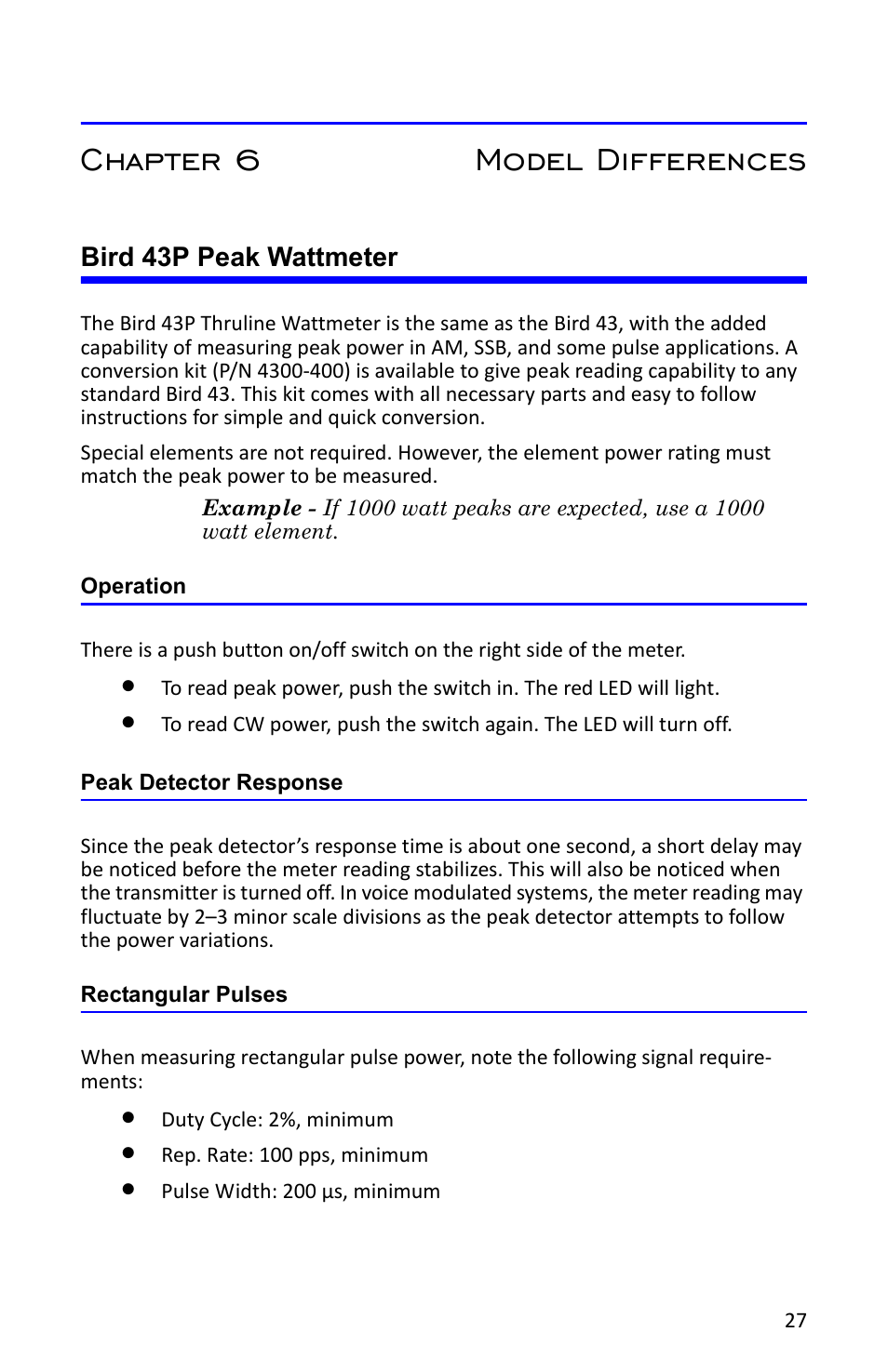 Chapter 6 model differences, Bird 43p peak wattmeter, Operation | Peak detector response, Rectangular pulses | Bird Technologies 4527 User Manual | Page 39 / 51