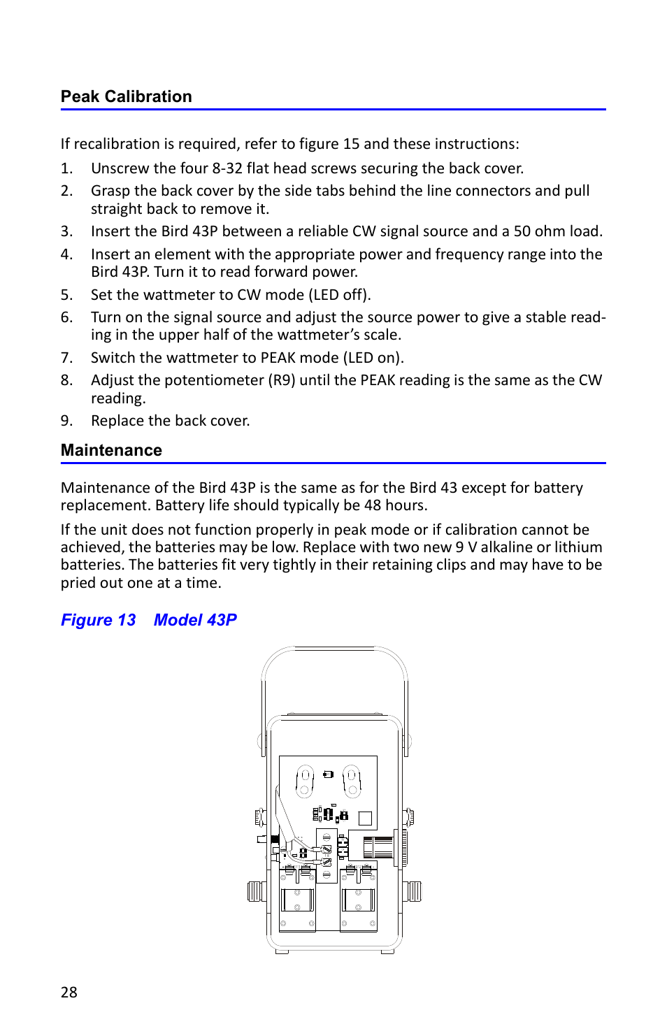 Peak calibration, Maintenance, Figure 13 model 43p | Peak calibration maintenance | Bird Technologies 4527 User Manual | Page 40 / 51