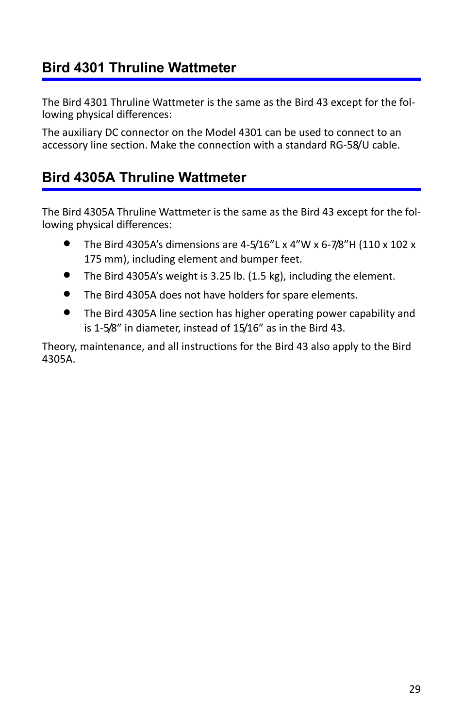 Bird 4301 thruline wattmeter, Bird 4305a thruline wattmeter | Bird Technologies 4527 User Manual | Page 41 / 51