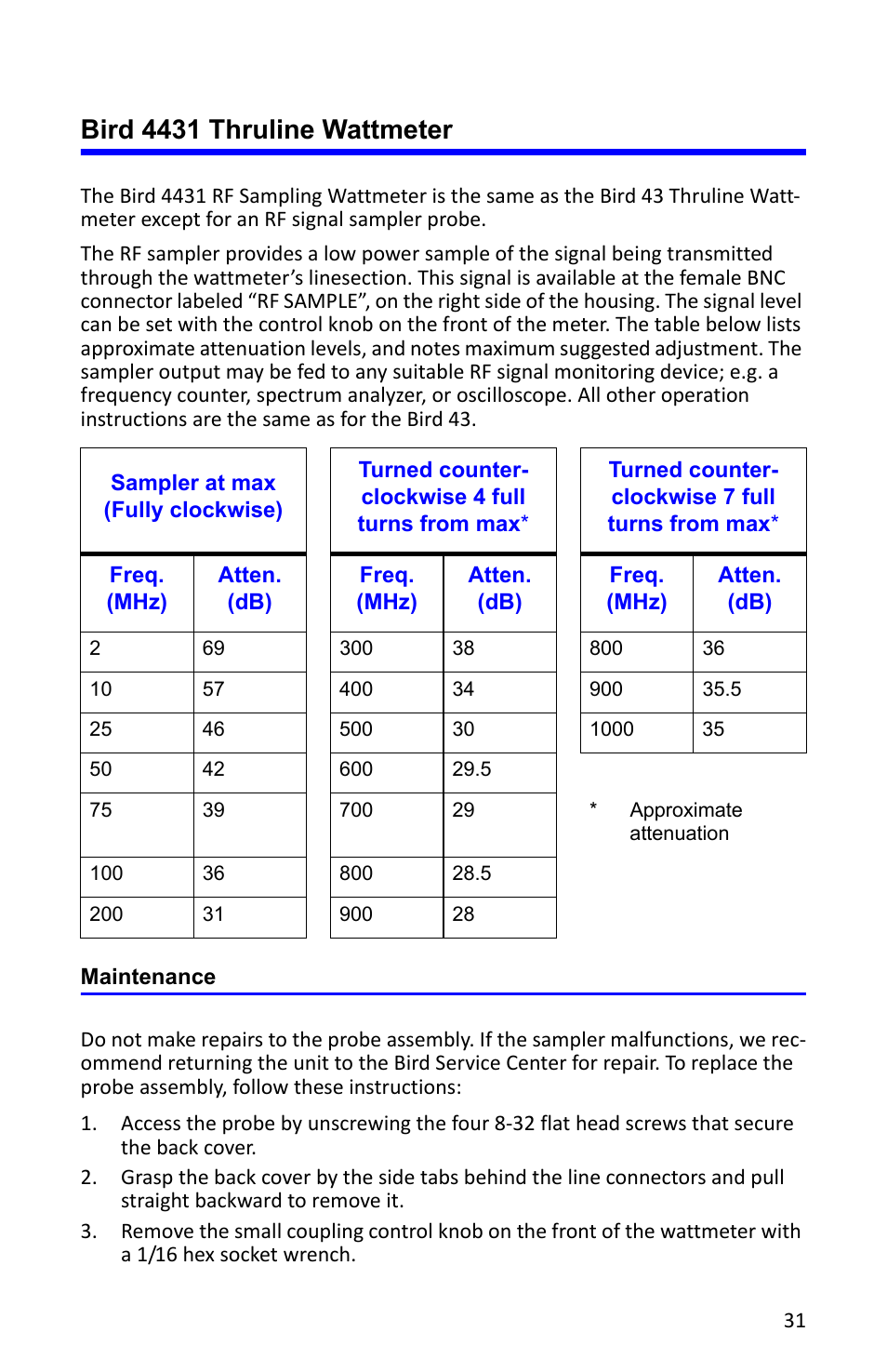 Bird 4431 thruline wattmeter, Maintenance | Bird Technologies 4527 User Manual | Page 43 / 51