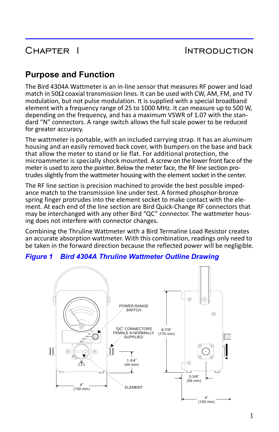 Chapter 1 introduction, Purpose and function | Bird Technologies 4304A User Manual | Page 12 / 38