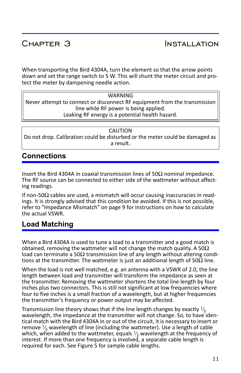 Chapter 3 installation, Connections, Load matching | Connections load matching | Bird Technologies 4304A User Manual | Page 22 / 38