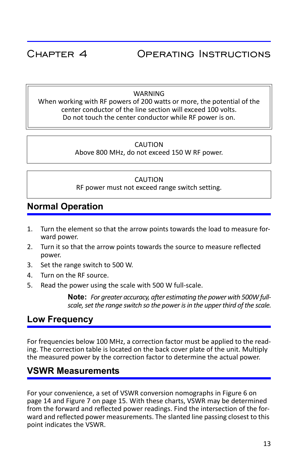 Chapter 4 operating instructions, Normal operation, Low frequency | Vswr measurements, Normal operation low frequency vswr measurements | Bird Technologies 4304A User Manual | Page 24 / 38