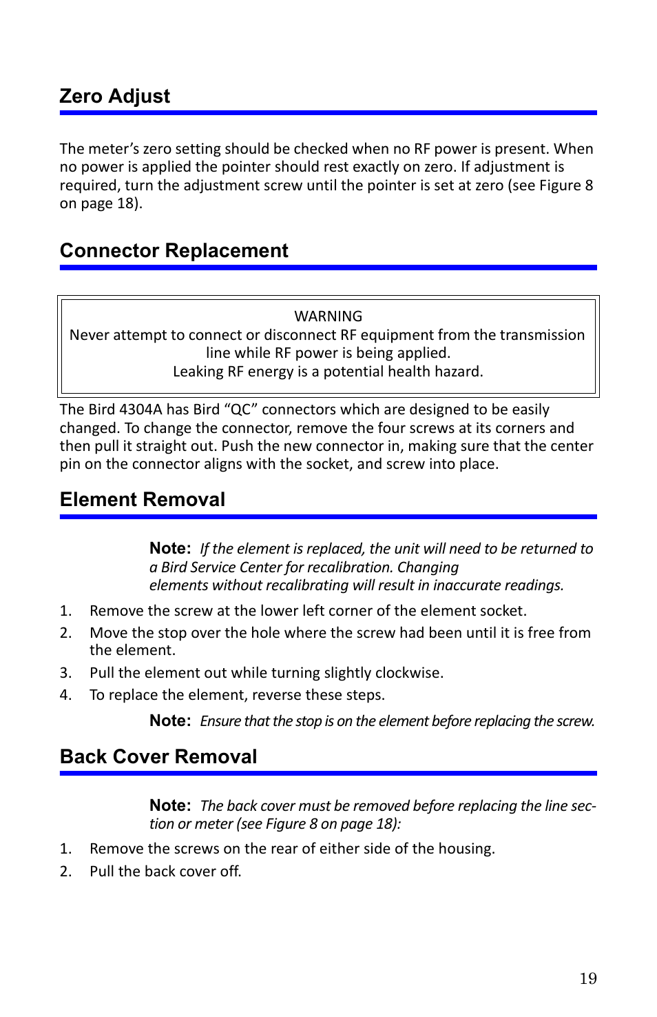 Zero adjust, Connector replacement, Element removal | Back cover removal | Bird Technologies 4304A User Manual | Page 30 / 38