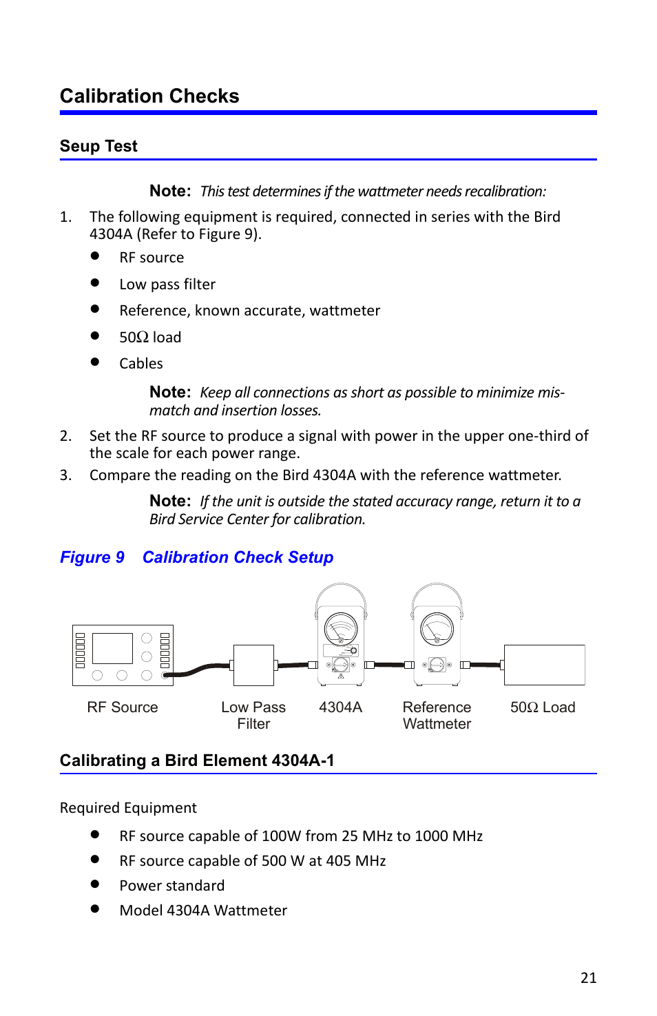 Calibration checks, Seup test, Figure 9 calibration check setup | Calibrating a bird element 4304a-1, Seup test calibrating a bird element 4304a-1 | Bird Technologies 4304A User Manual | Page 32 / 38