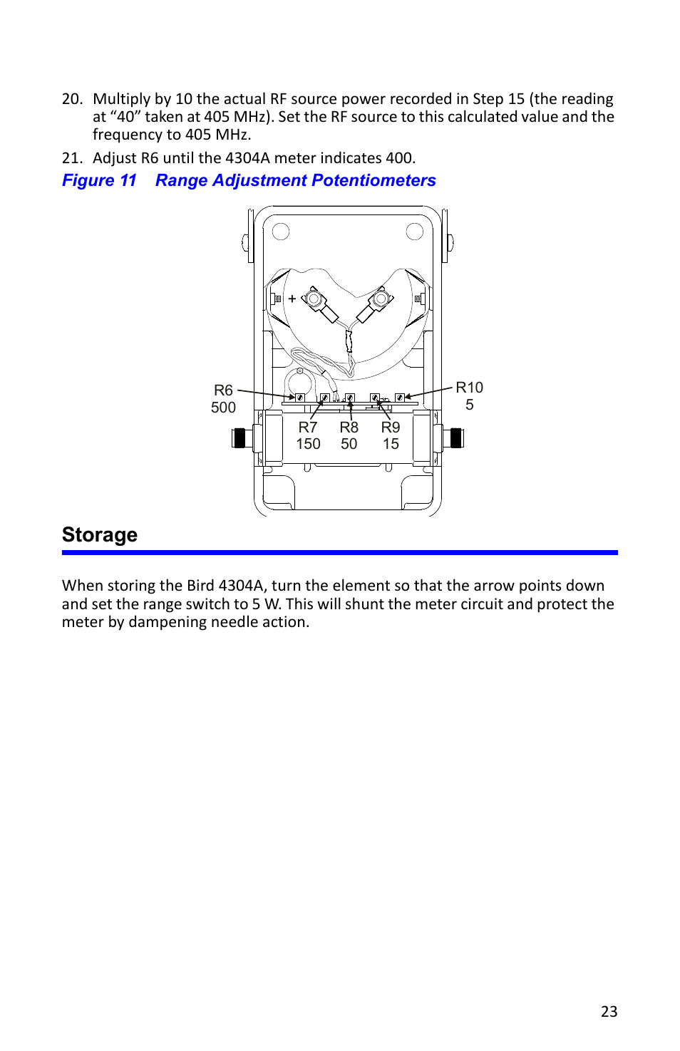 Figure 11 range adjustment potentiometers, Storage | Bird Technologies 4304A User Manual | Page 34 / 38