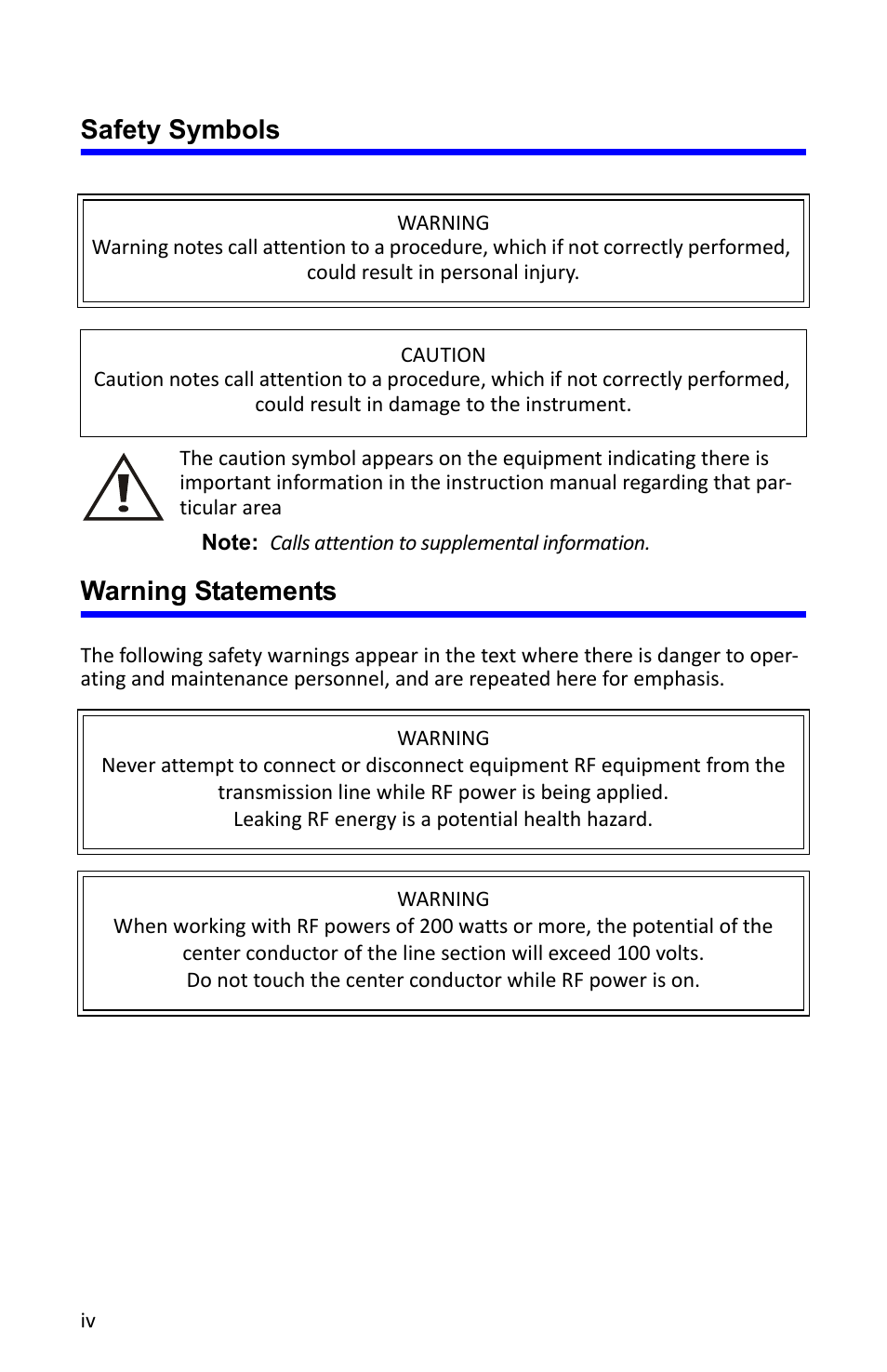 Safety symbols, Warning statements | Bird Technologies 4304A User Manual | Page 4 / 38