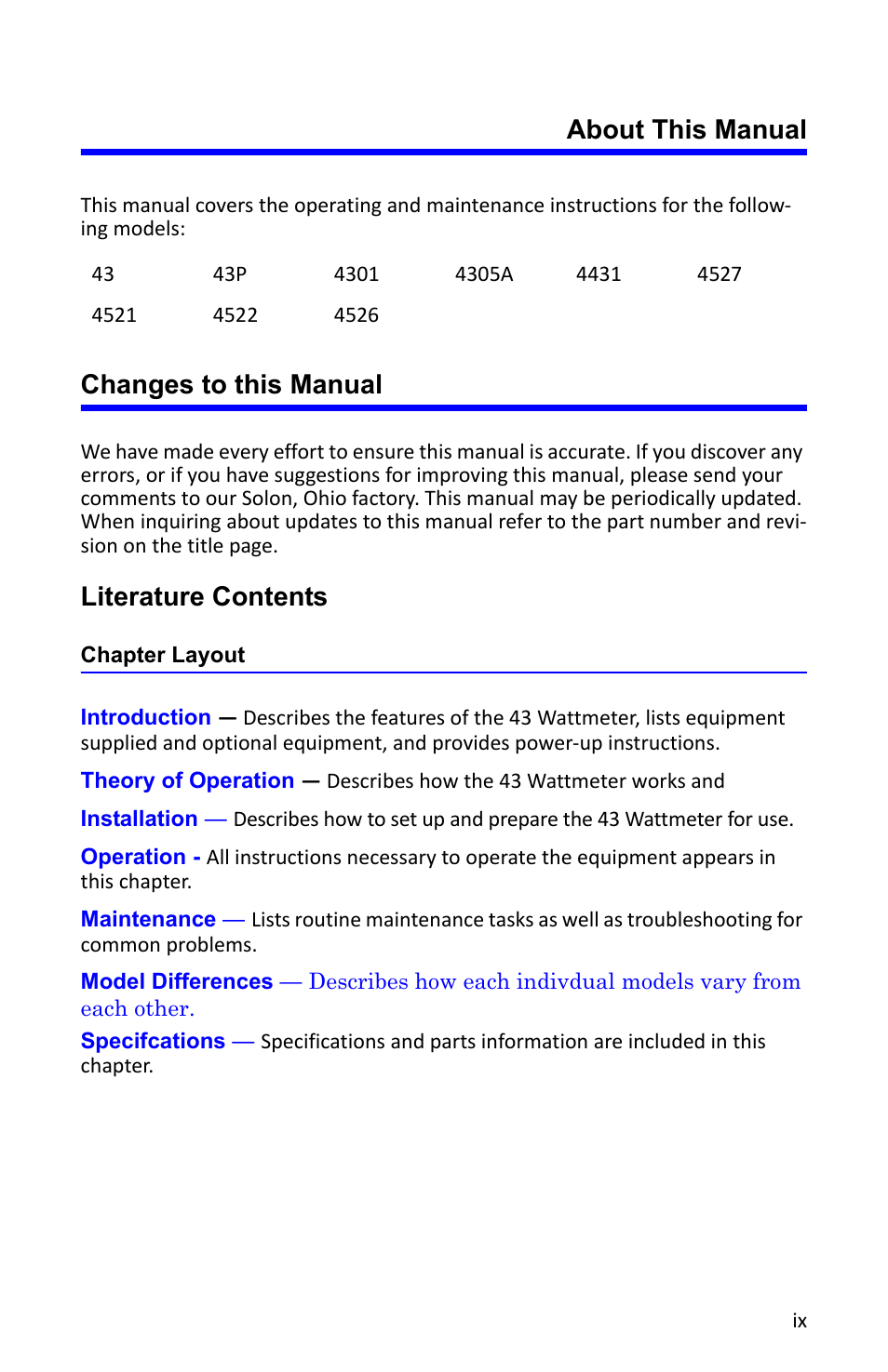 About this manual, Changes to this manual, Chapter layout | Literature contents | Bird Technologies 4304A User Manual | Page 9 / 38